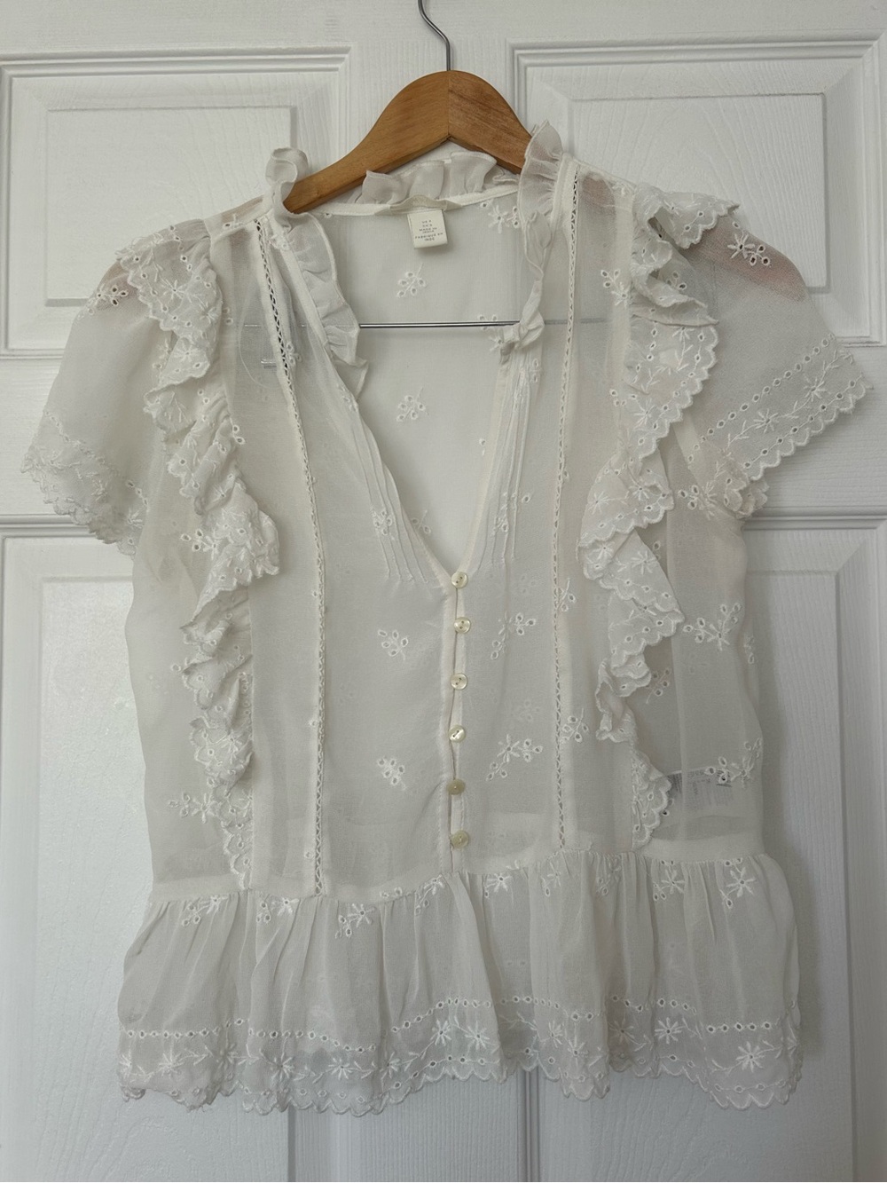 H&M White Eyelet Ruffle Button-Front Blouse
